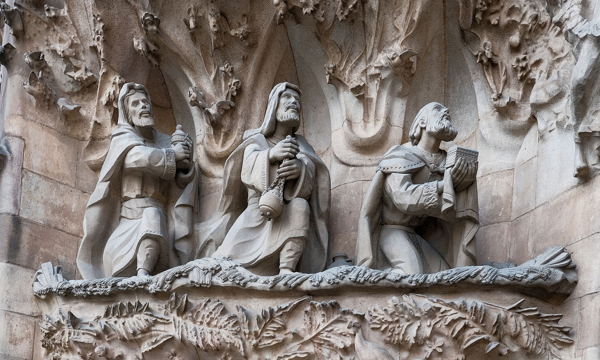 Magi sculptures on Nativity façade of Sagrada Familia