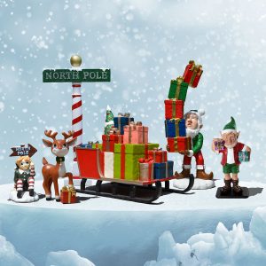 Large North Pole Christmas display with elves. sleigh, and reindeer